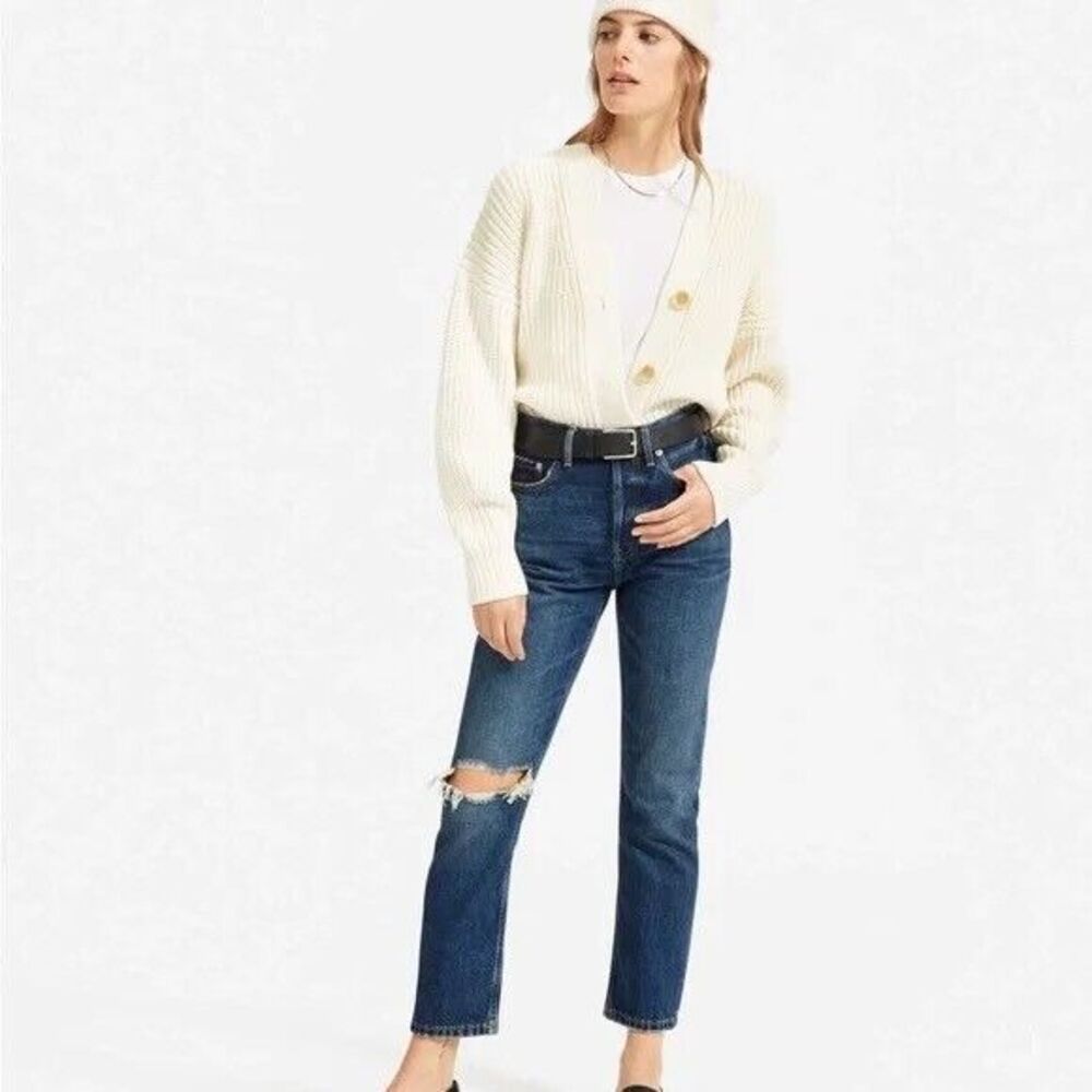 Everlane The Cheeky Jean Distressed 24 Crop Button Fly Dark Blue Denim EUC B62